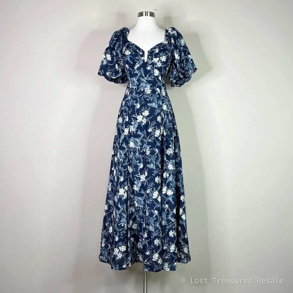 Abercrombie | Floral Drama Puff Sleeve Maxi Dress Open Tie Back Blue White Small